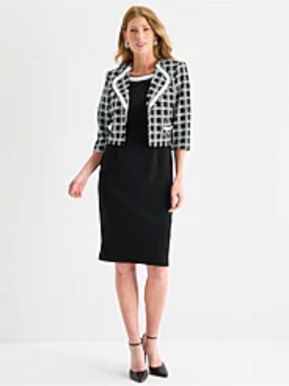 NWT! Women's MAYA BROOKE CHECKERED PEARL TRIM SHEATH DRESS COLLARLESS Jacket 14